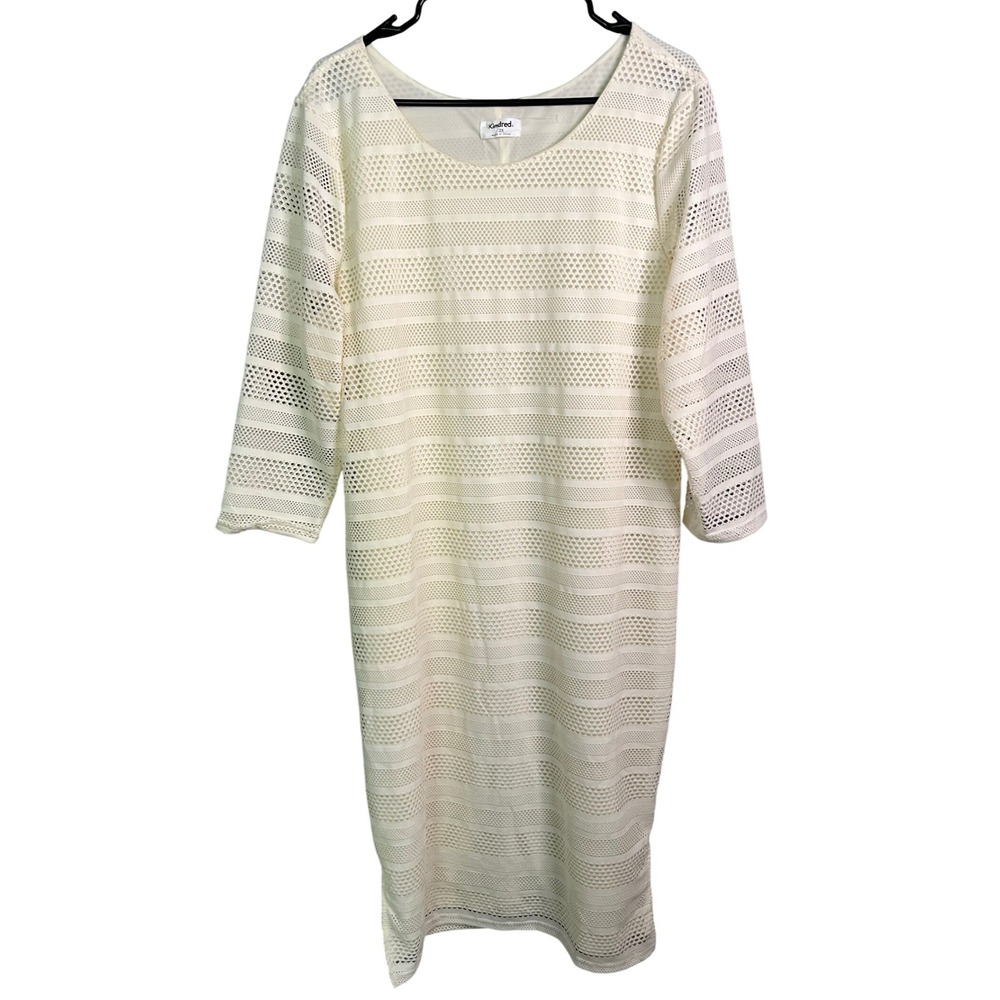 NWT Kindred Midi Shift Dress 2X Plus Beige Mesh Knit 3/4 Sleeves Casual Office